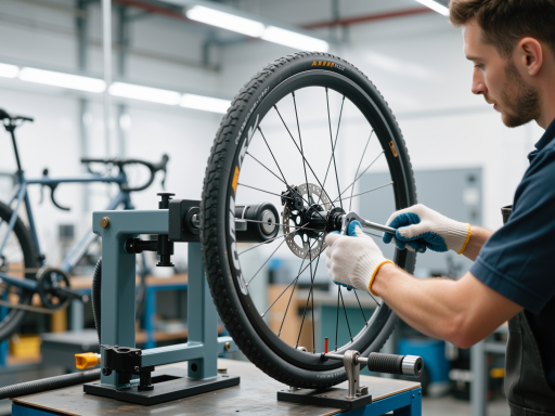 Professional team working with electric bicycle components, modern office environment