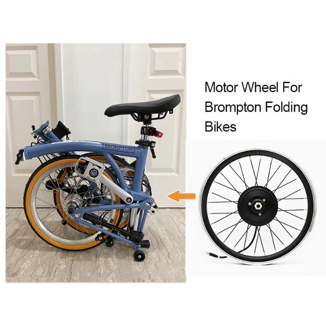Electric bicycle conversion kit components, motor wheel, controller, and battery pack on table